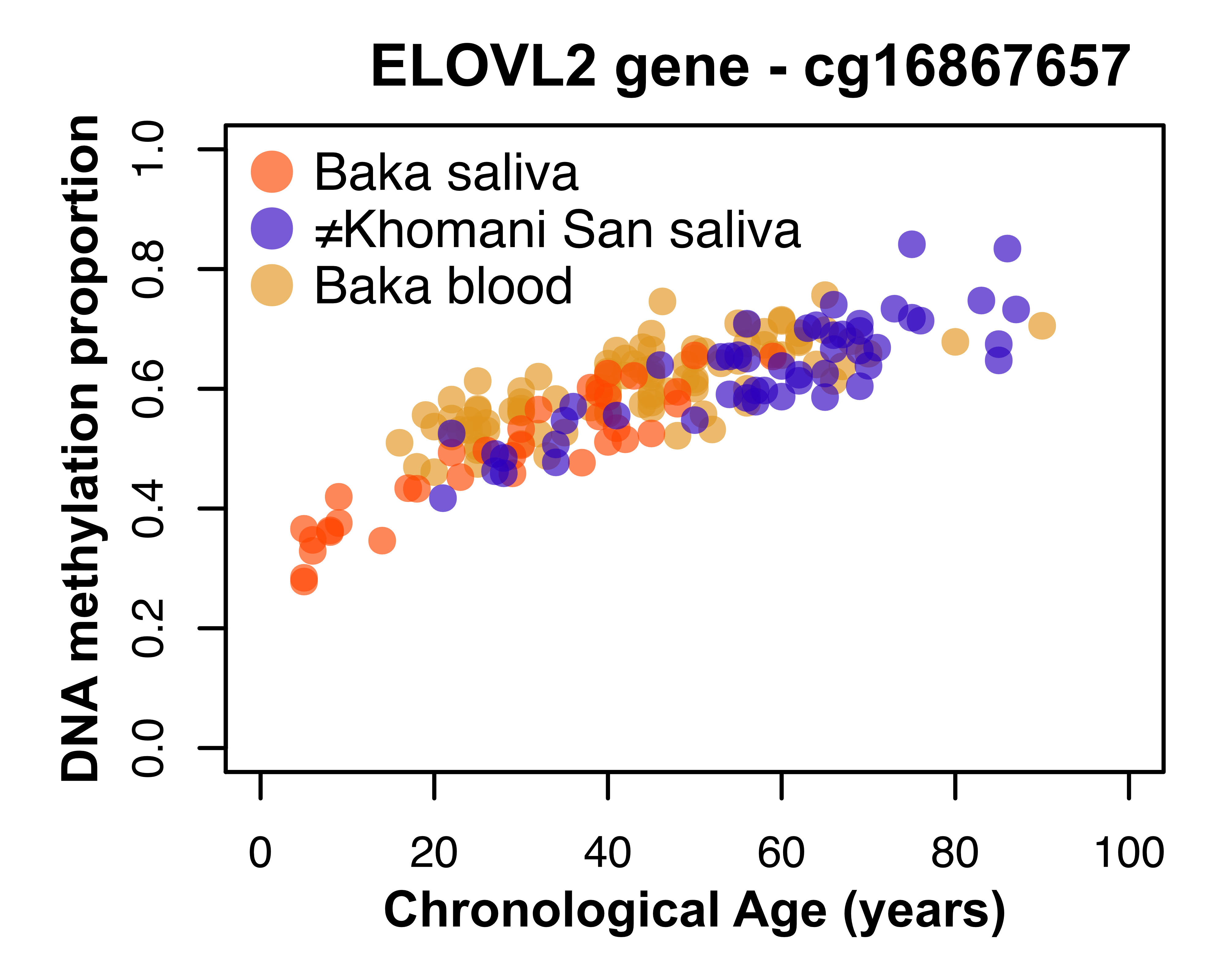 DNA methylation level increases with age at a CpG site near the gene ELOVL2